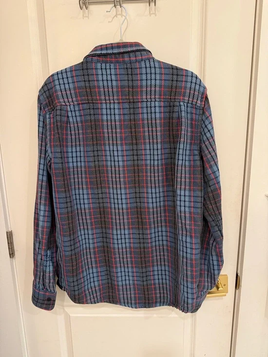 Outerknown Blanket Shirt in Blue and Orange Stripe Plaid Button-Down Shirt - Picture 3 of 3